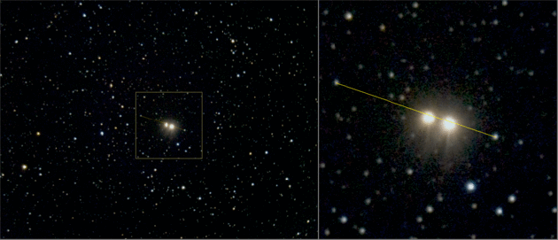 Otro de los efectos que se pueden observar en 61 Cygni es el movimiento propio: su desplazamiento respecto al fondo fijo de estrellas. |Crédito: Wikipedia Commons.